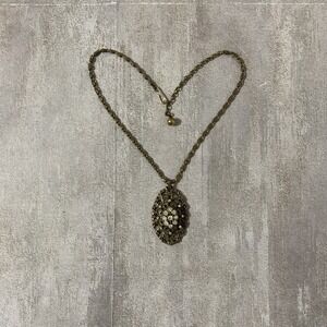 Vintage Victorian Revival Rhinestone Pendant Domed Layered Filigree Necklace